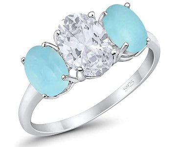 3-Stone Oval Simulated Larimar Center Stone Clear CZ Fashion Ring 925 Sterling Silver